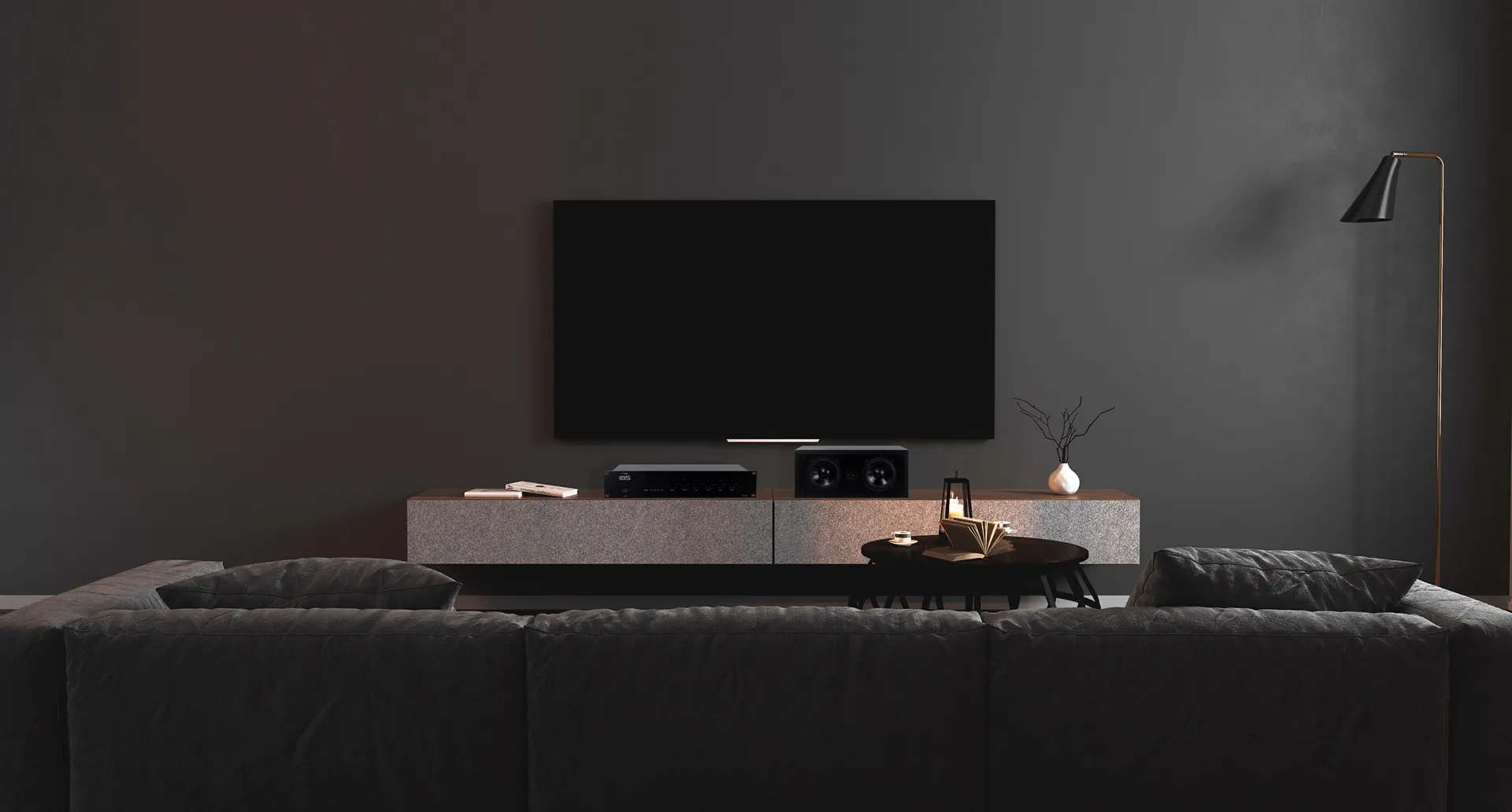 Sala com sistema de áudio IBS Premium em ambientação premium com móveis modernos